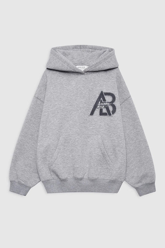 ANINE BING Jaci Hoodie Letterman i medium heather grey, oversized hættetrøje i 100% bomuld med sporty Letterman-print.