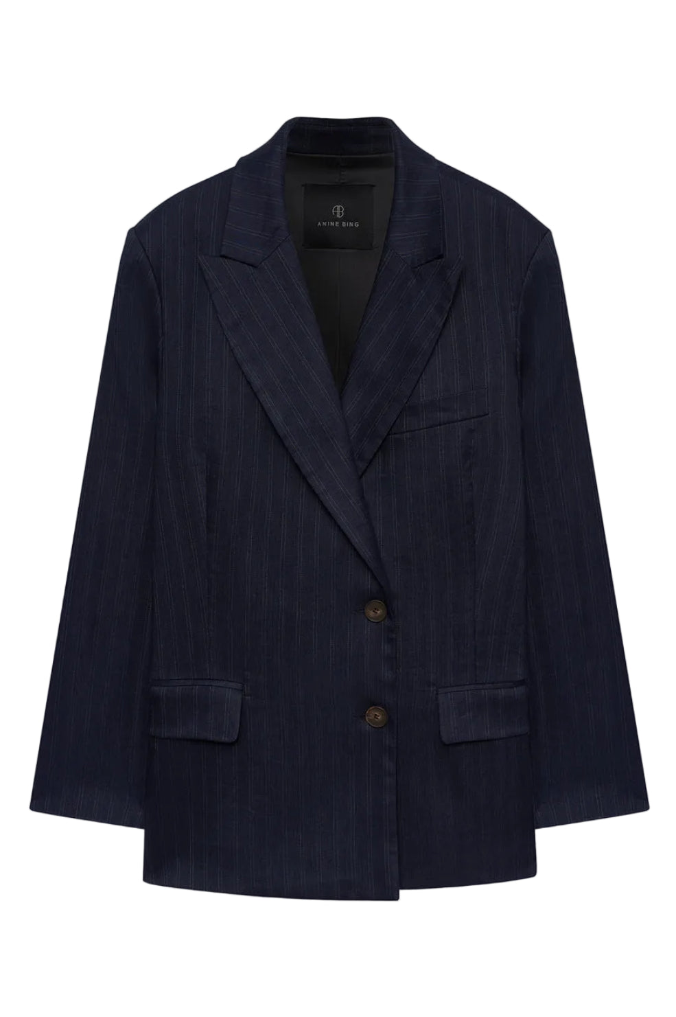 Anine Bing Aretha Blazer i navy pinstripe med klassiske nålestriber.