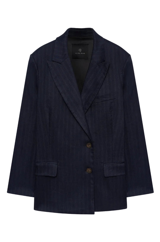 Anine Bing Aretha Blazer i navy pinstripe med klassiske nålestriber.
