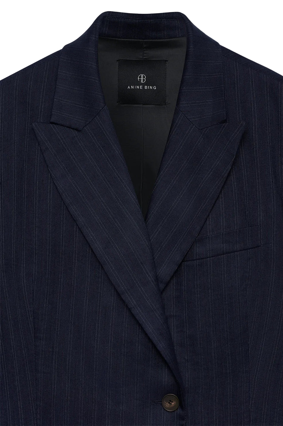 Anine Bing Aretha Blazer i navy pinstripe med klassiske nålestriber.