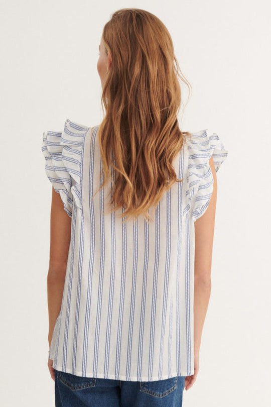 Basic Apparel Ada Shirt – stribet skjorte i True Navy / Whisper White med korte ærmer og knaplukning.
