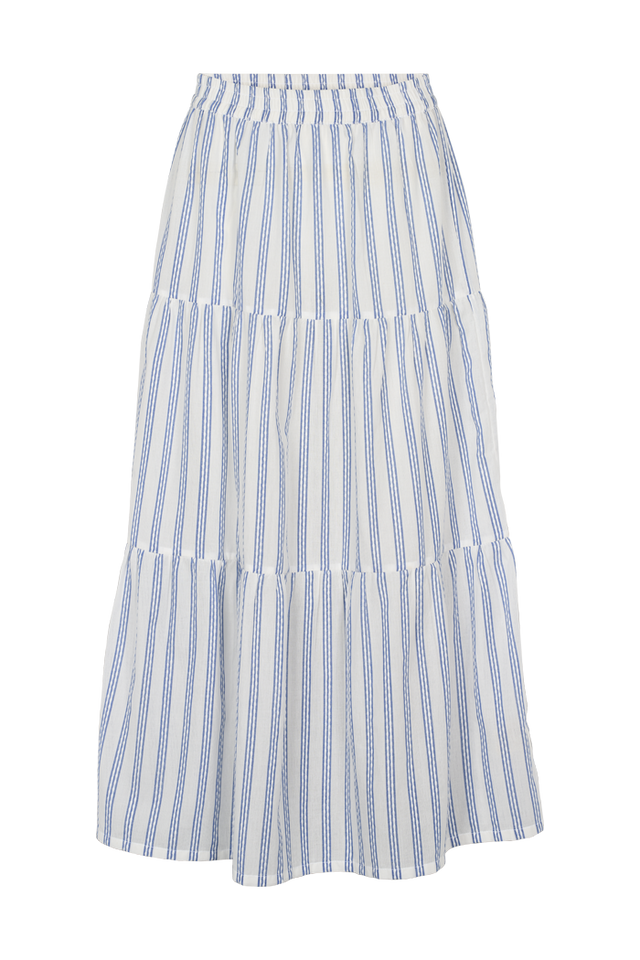 Basic Apparel Ada Skirt i 100 % økologisk bomuld med striber, elastik i taljen, A-snit og læg-længde. Bæredygtig og elegant nederdel. 