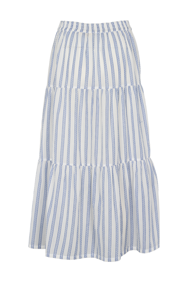 Basic Apparel Ada Skirt i 100 % økologisk bomuld med striber, elastik i taljen, A-snit og læg-længde. Bæredygtig og elegant nederdel. 