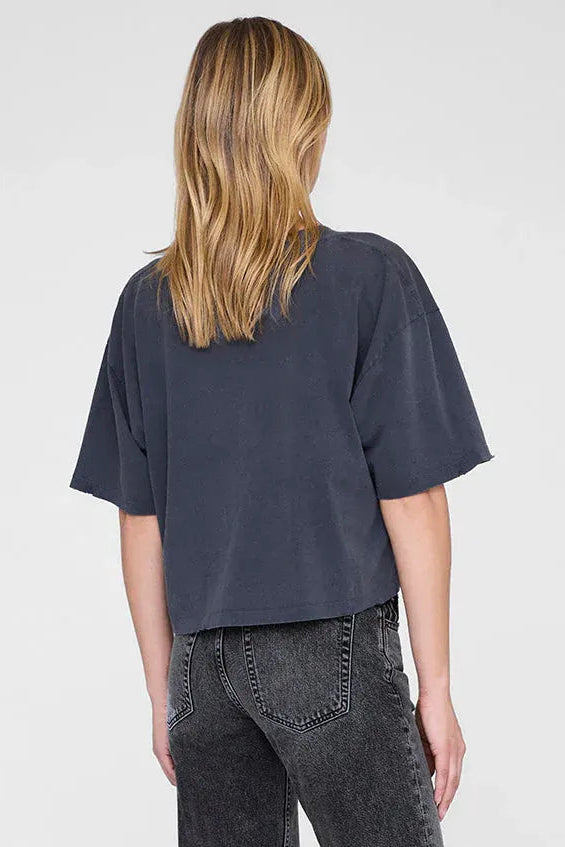 ANINE BING Johnny Cropped Tee i washed black, cropped T-shirt i bomuldsjersey med "Los Angeles Anine Bing" grafik.