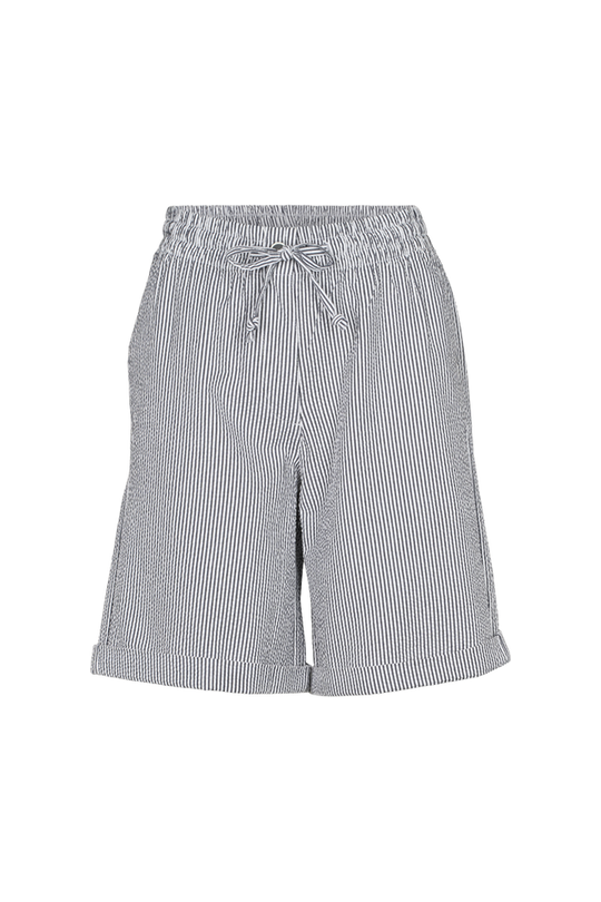 Basic Apparel Asta Shorts i økologisk bomuld med blå-hvide striber, elastik i taljen, bindebånd og knælængde. Regular fit og bæredygtigt design. 