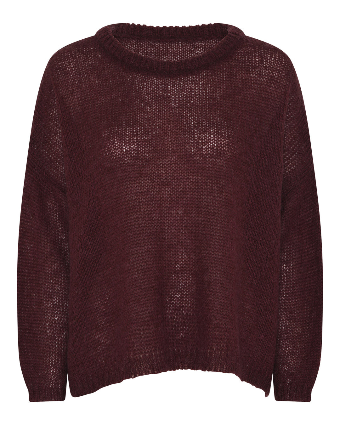 La Rouge Asta Knit i wine – let, afrundet helårsstrik i mohair/uld-blanding med løs pasform og feminint udtryk.

