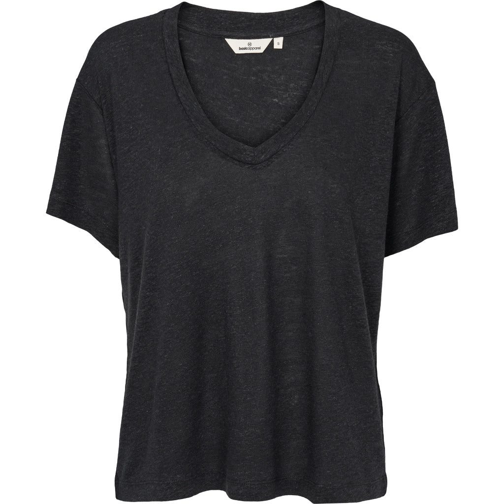 Basic Apparel Ryda V-Neck T-shirt i sort – let T-shirt i hør- og viskoseblanding med V-hals, korte ærmer og afslappet pasform.
