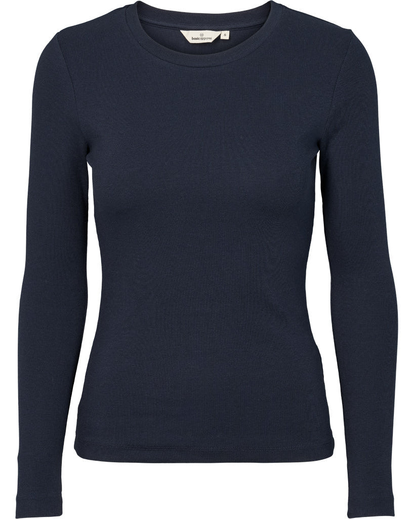 Basic Apparel Ludmilla LS Tee i sky captain – tætsiddende bluse i økologisk bomuld med ribstruktur, lange ærmer og afrundet hals.
