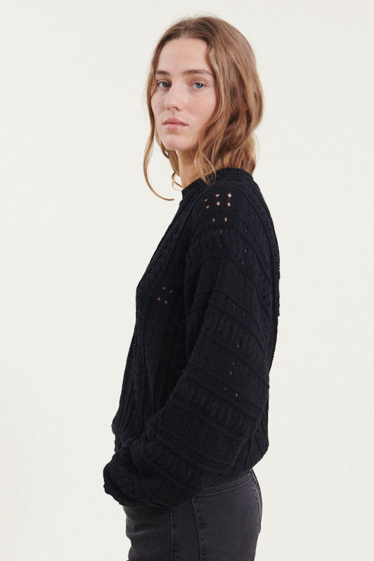 Sort Winie Biaz Sweater fra Basic Apparel er en stilren og komfortabel striktrøje med et smukt, struktureret strikkemønster.