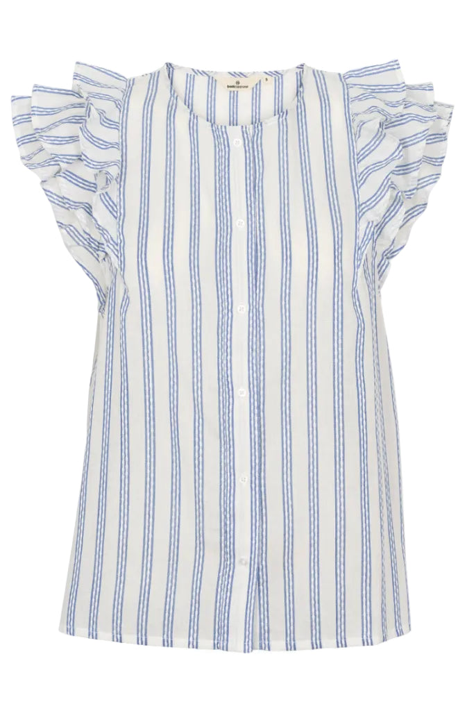 Basic Apparel Ada Shirt – stribet skjorte i True Navy / Whisper White med korte ærmer og knaplukning.
