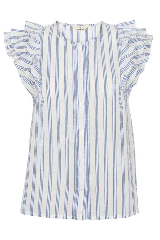 Basic Apparel Ada Shirt – stribet skjorte i True Navy / Whisper White med korte ærmer og knaplukning.
