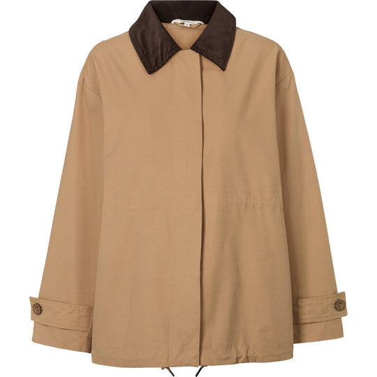 Basic Apparel Lin Jacket sepia tint – oversized jakke med fløjlskrave og justerbar snøre.