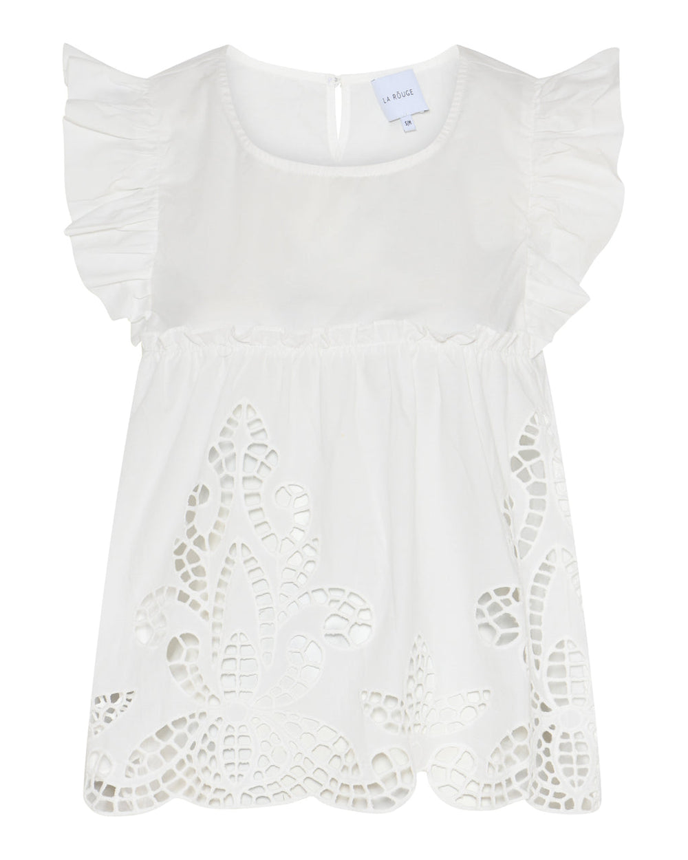 La Rouge Bea ærmeløs bluse i hvid med blonde og flæser i 100% bomuld