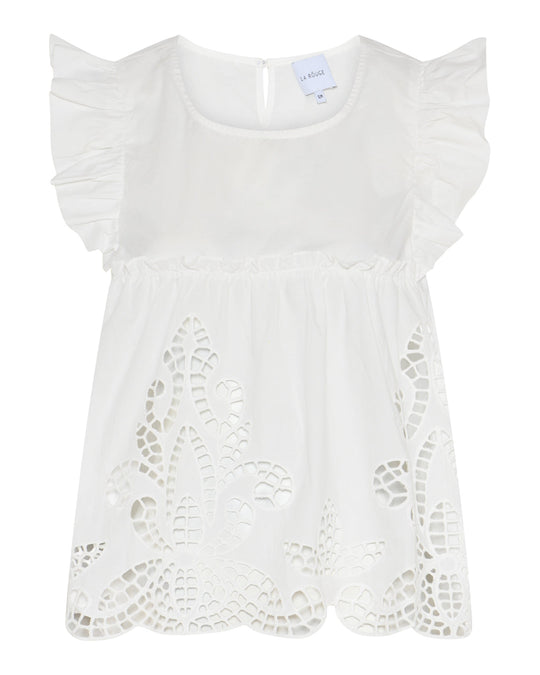 La Rouge Bea ærmeløs bluse i hvid med blonde og flæser i 100% bomuld