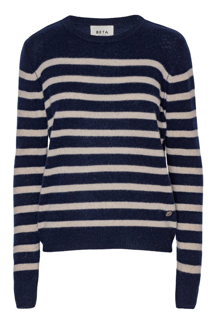 BETA STUDIO Bibi Striped O-neck strikket sweater i 100% blød cashmere i farven navy/sand melange