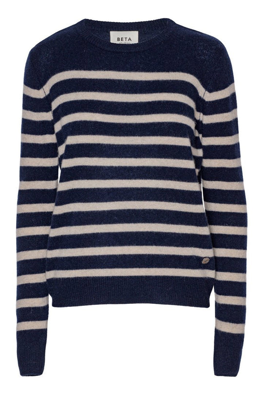 BETA STUDIO Bibi Striped O-neck strikket sweater i 100% blød cashmere i farven navy/sand melange