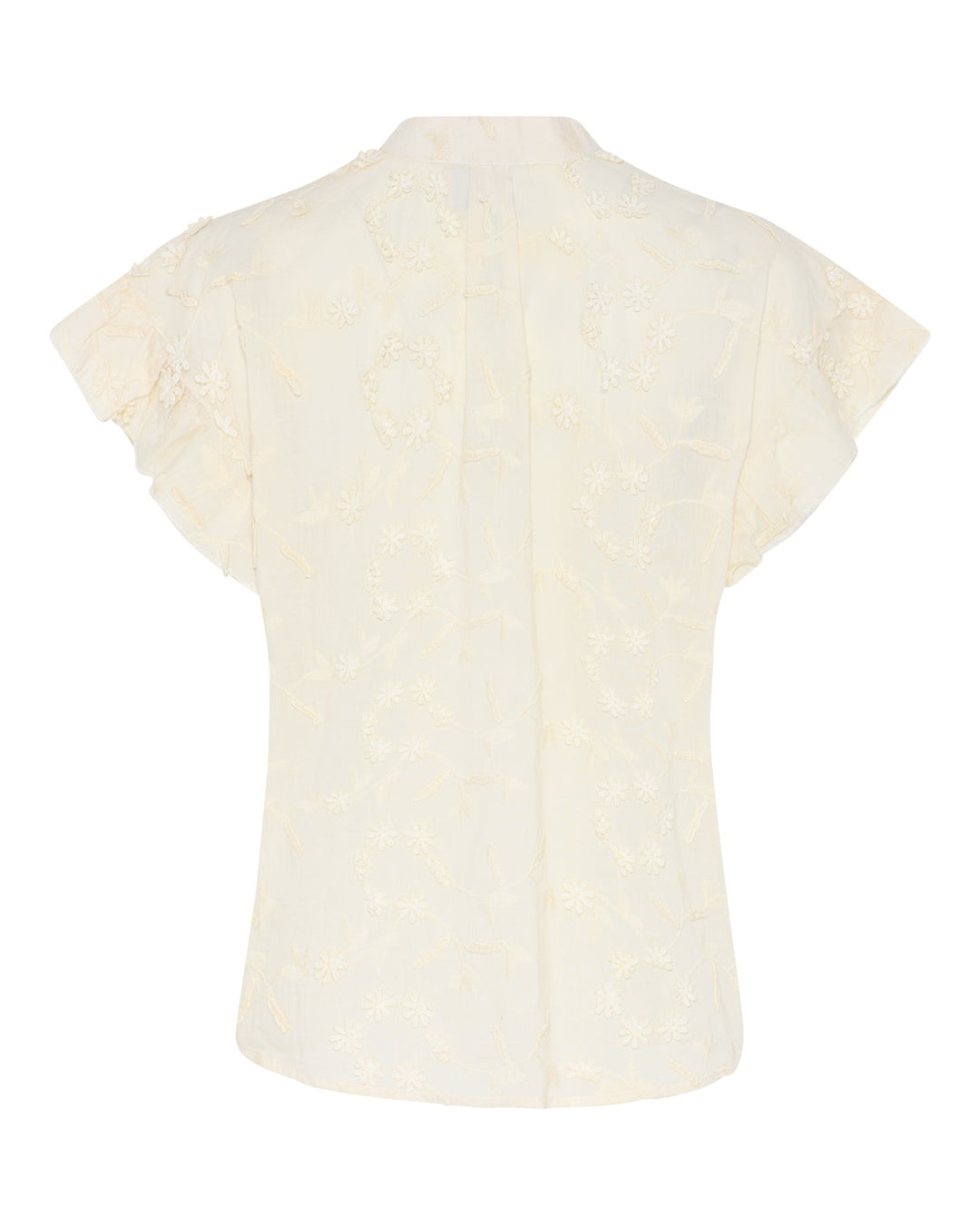 La Rouge Britt Blouse i let bomuld med 3D-blomster, flæseærmer og V-udskæring. Feminin og luftig sommerbluse i creme. 