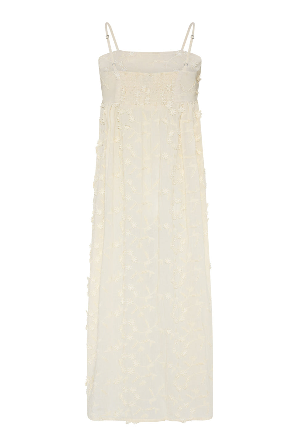 Feminin sommerkjole fra La Rouge i 100% bomuld med 3D-blomster og smøg-effekt i ryggen. Shop Britt Dress i creme online hos 