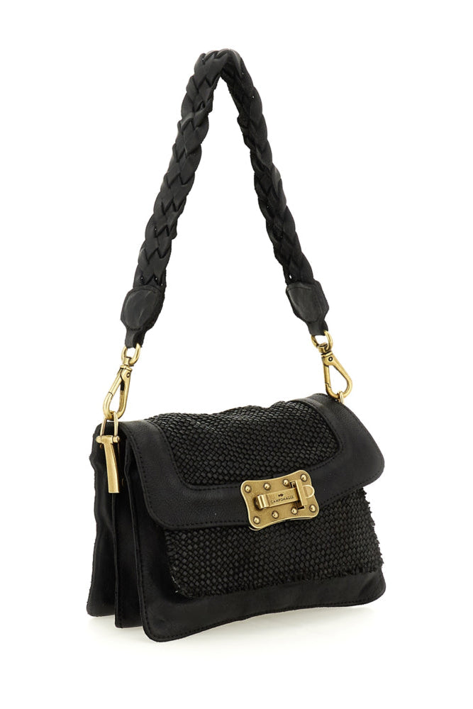 Campomaggi Agnese Small crossbody taske i sort flettet læder med justerbar rem.