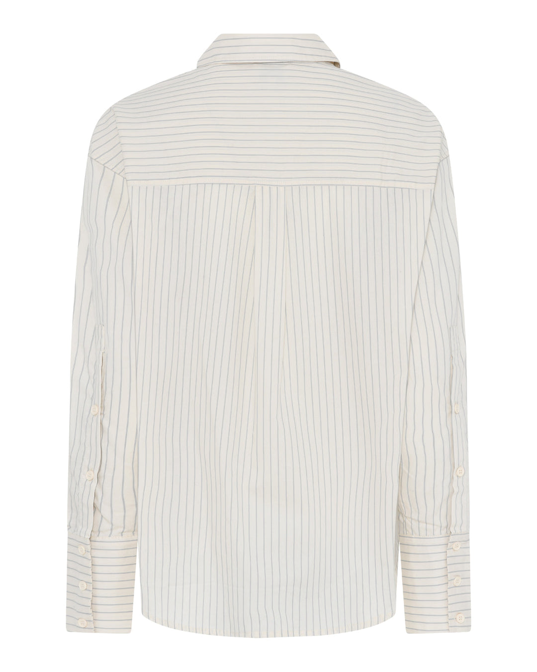 La Rouge Candy Shirt i sand stripe – oversized efterårsskjorte i 100% bomuld med grå striber, brystlomme og ærmemanchetter med ekstra knapper.
