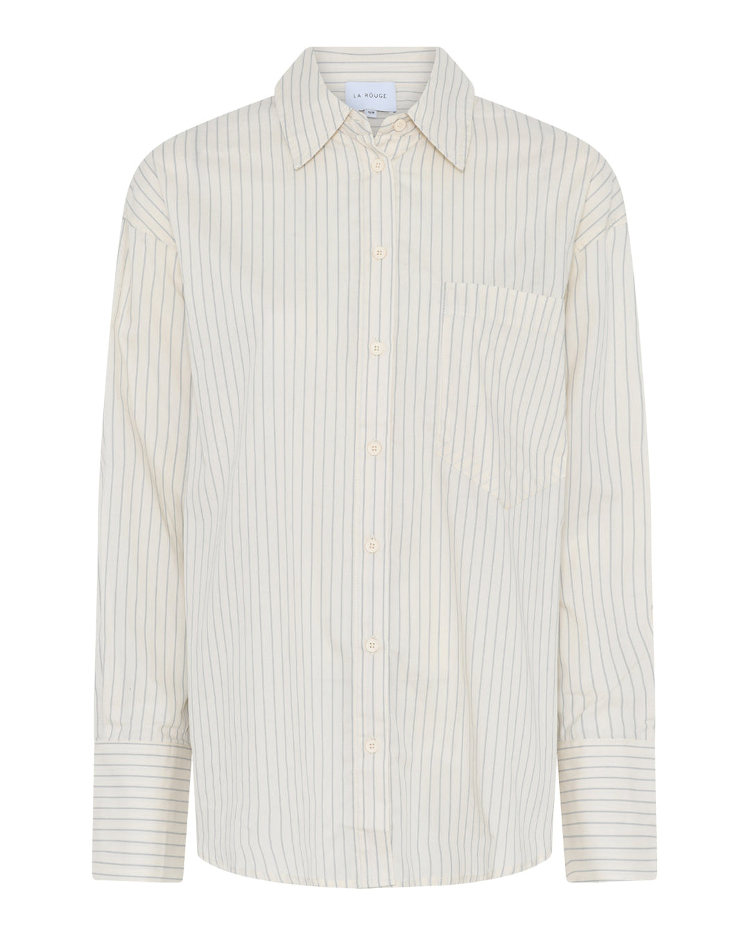 La Rouge Candy Shirt i sand stripe – oversized efterårsskjorte i 100% bomuld med grå striber, brystlomme og ærmemanchetter med ekstra knapper.
