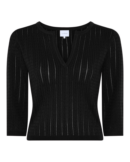 La Rouge Charlotte Knit V-Neck i black med hulmønster.