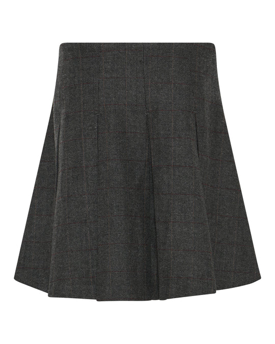La Rouge Checki Skirt i brown – A-line nederdel med ternet mønster og strukturerede læg.
