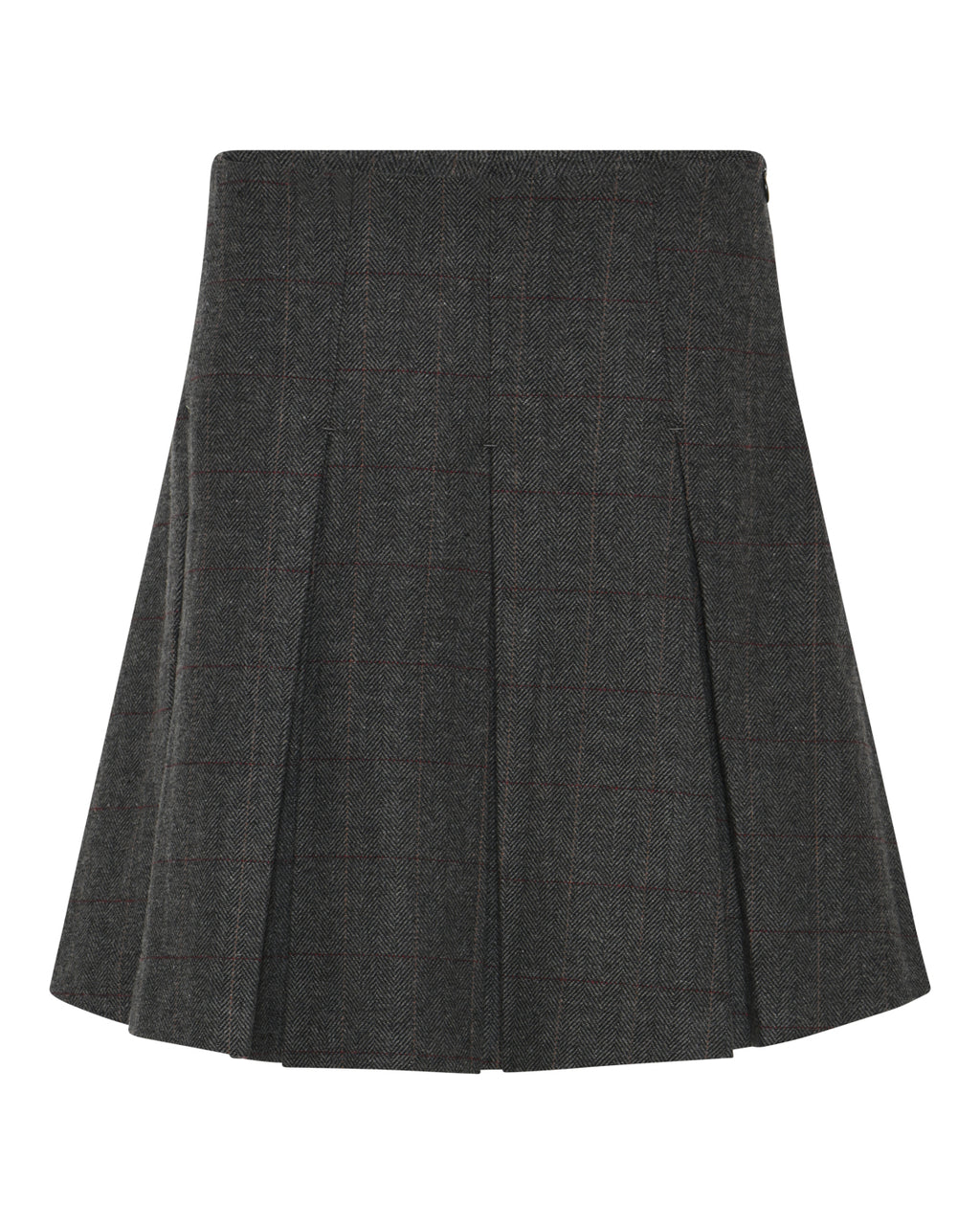La Rouge Checki Skirt i brown – A-line nederdel med ternet mønster og strukturerede læg.
