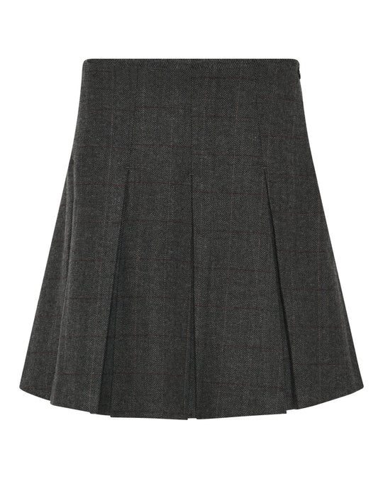 La Rouge Checki Skirt i brown – A-line nederdel med ternet mønster og strukturerede læg.
