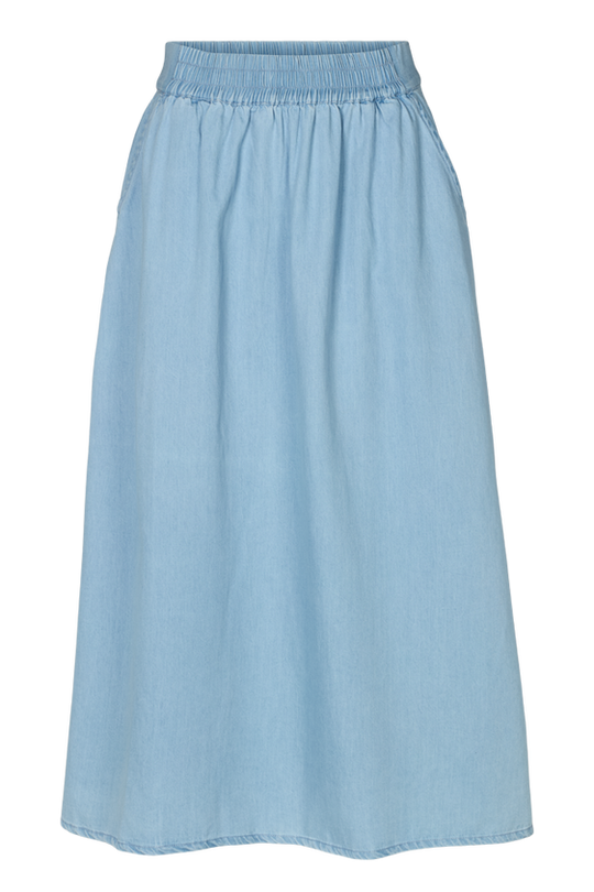 Basic Apparel Cody nederdel light wash – denimnederdel med elastisk talje og skrålommer.