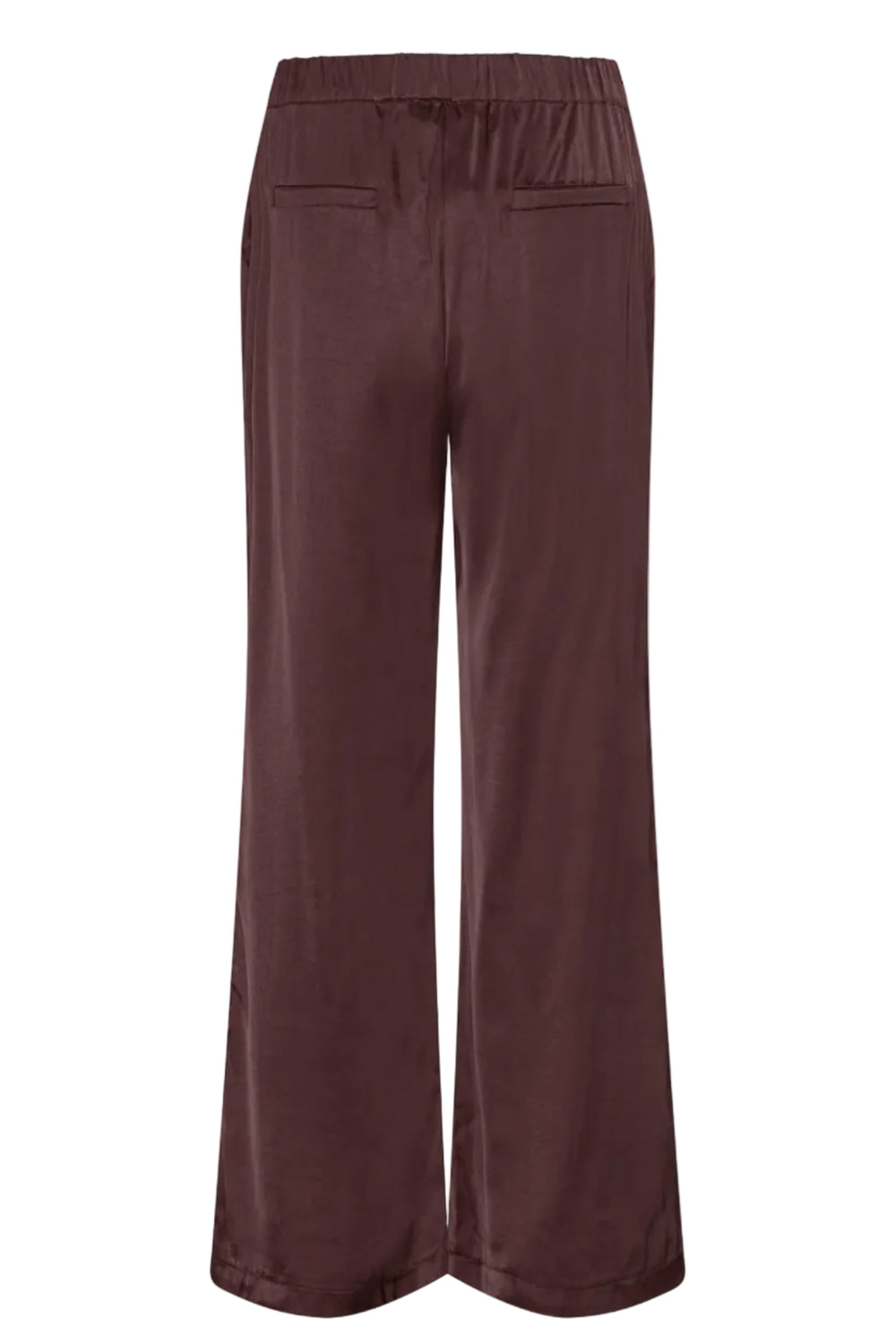 Continue Roberta Satin bukser i bordeaux med vide ben, elastik i taljen, skrålommer og satinfinish.
