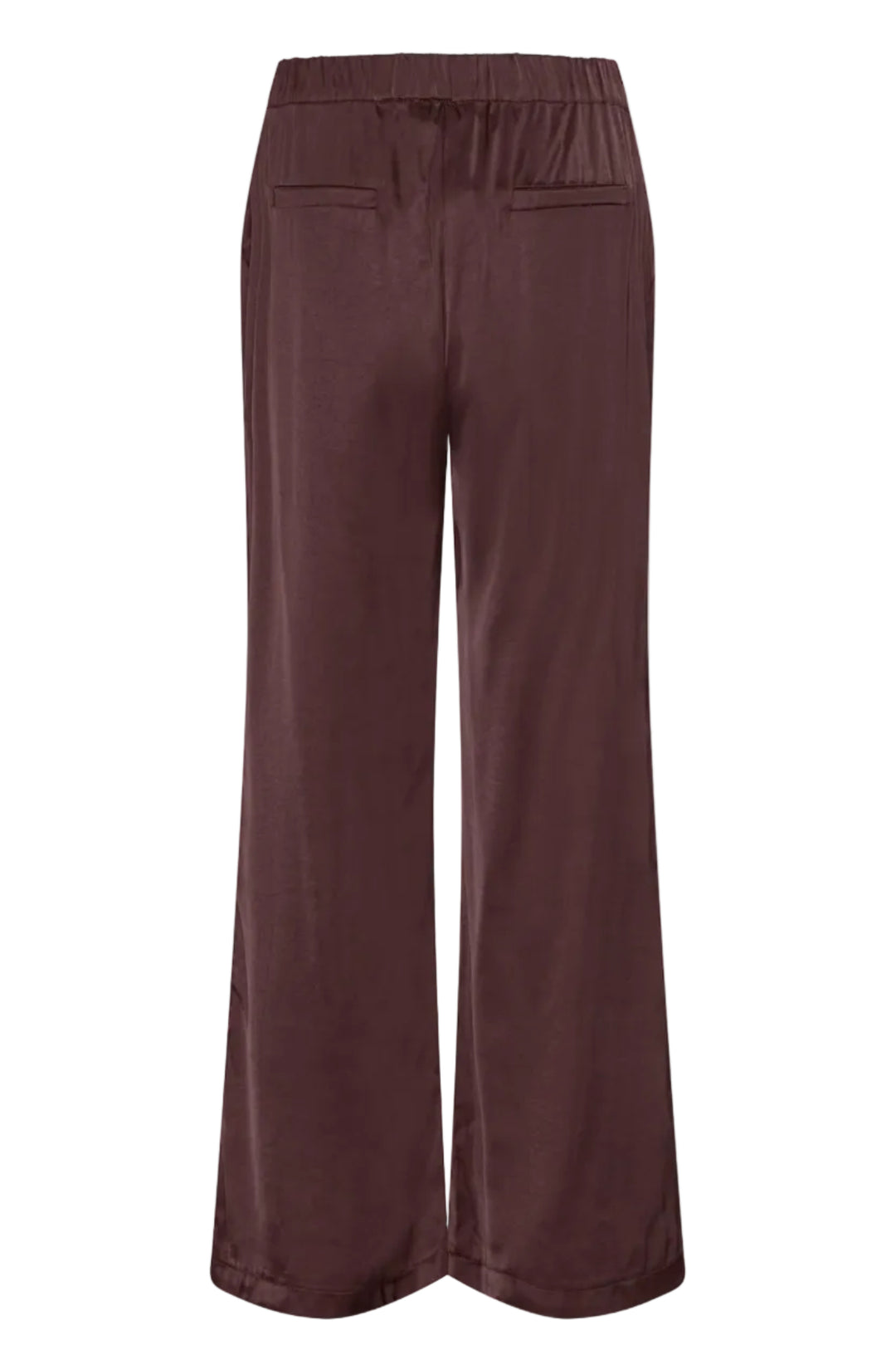 Continue Roberta Satin bukser i bordeaux med vide ben, elastik i taljen, skrålommer og satinfinish.
