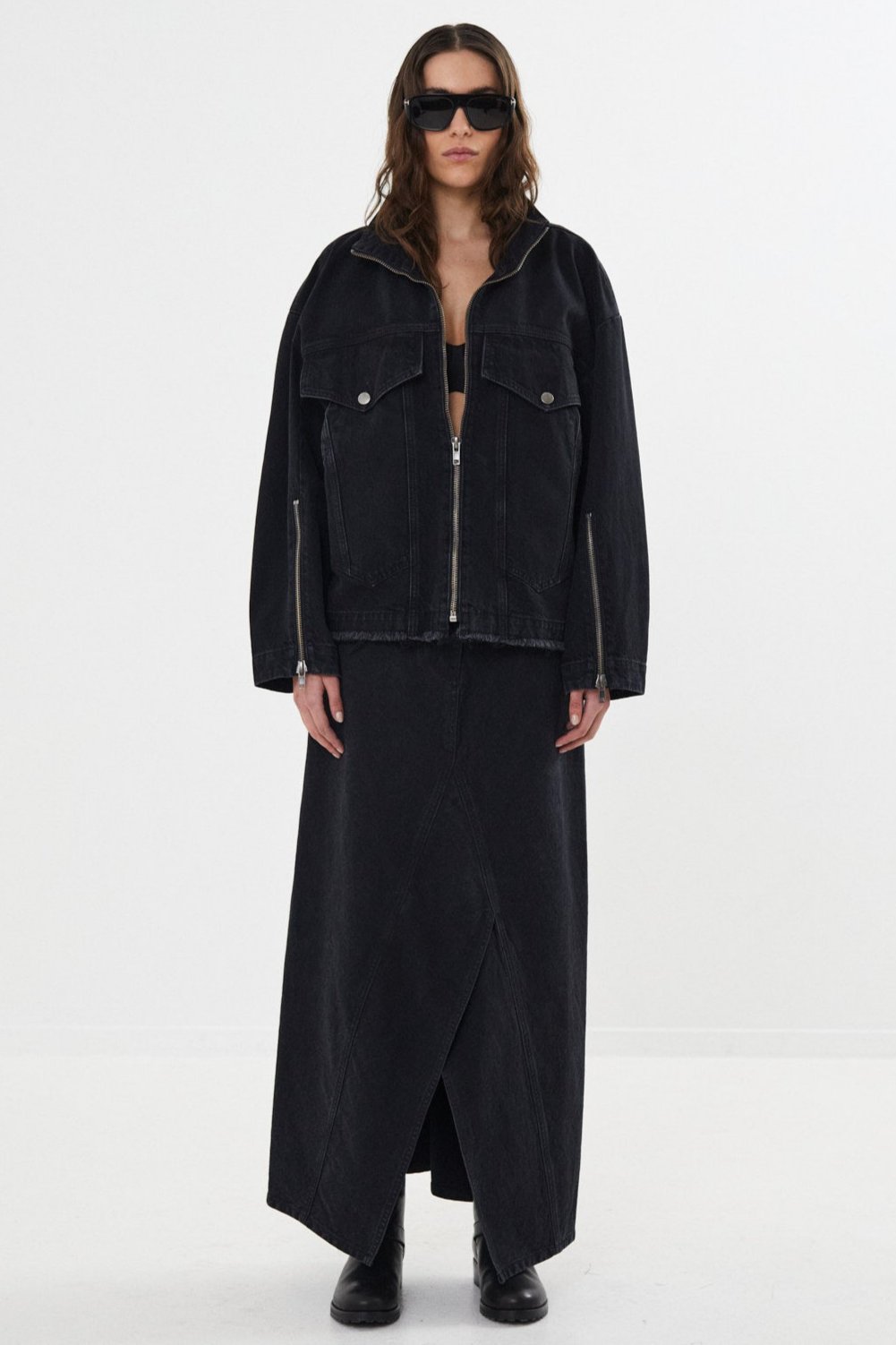 Rabens Saloner Kiddie Denim Skirt i Washed Black | Lang Nederdel i Økologisk Bomuld
