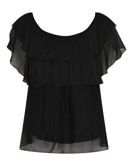 La Rouge Donatella bluse i sort med bådhals og let silkefald.