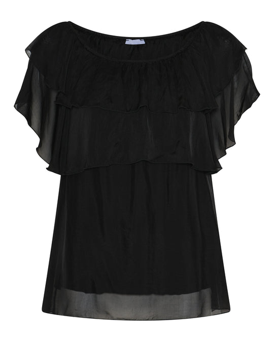 La Rouge Donatella bluse i sort med bådhals og let silkefald.