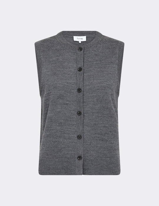 Levete Room Ismaila 11 vest i mørkegrå, strikket i 100% merinould med knaplukning og rund hals.

