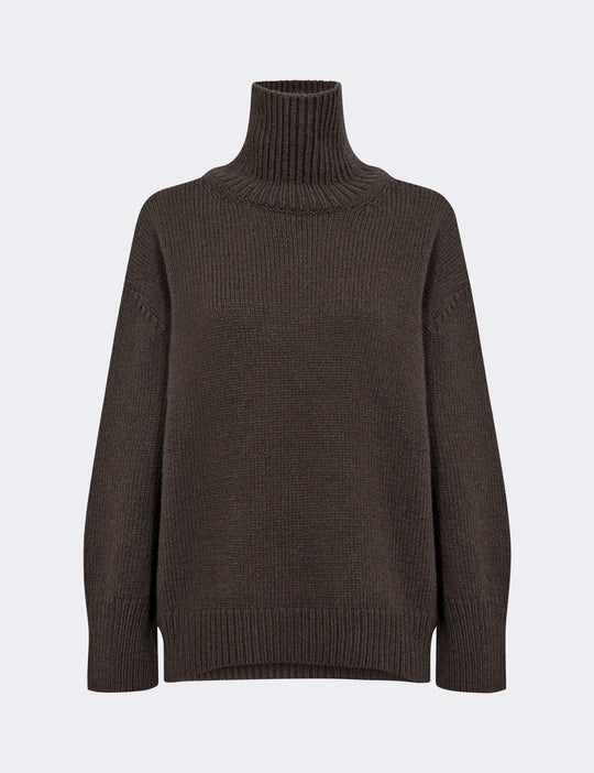 LR-PERLE 3 Pullover Mørk Brun – ribbet rullekrave, lange ærmer og blød merinould/kashmirblanding til hverdags- og kontorbrug.
