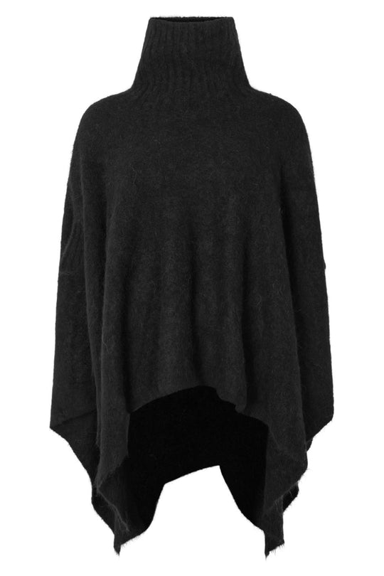 Rabens Saloner Dede Fluffy Knit poncho i sort detalje af materialet