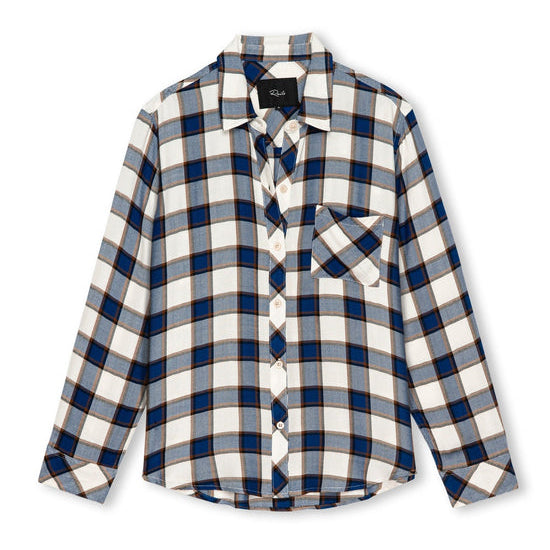 Rails Hunter Shirt i Golden Cobalt – langærmet, ternet skjorte i blød rayon med krave, gennemknappet front og brystlomme.
