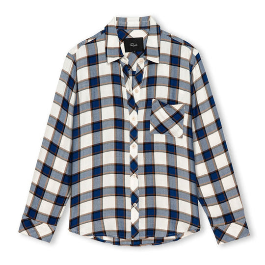 Rails Hunter Shirt i Golden Cobalt – langærmet, ternet skjorte i blød rayon med krave, gennemknappet front og brystlomme.
