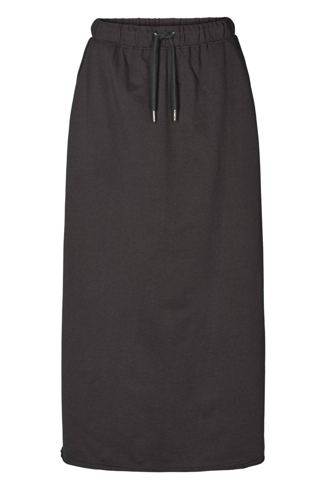 Rabens Saloner Hanni Long Skirt i faded black – lang nederdel i økologisk bomuld med elastisk talje, snøre og høj slids bagpå.