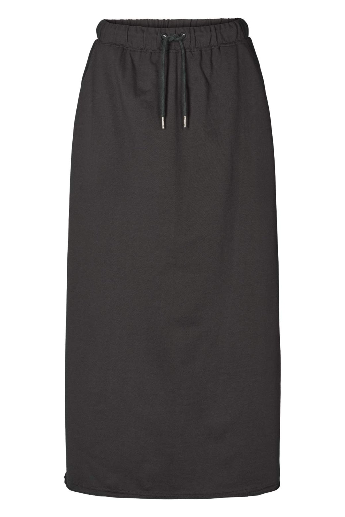 Rabens Saloner Hanni Long Skirt i faded black – lang nederdel i økologisk bomuld med elastisk talje, snøre og høj slids bagpå.