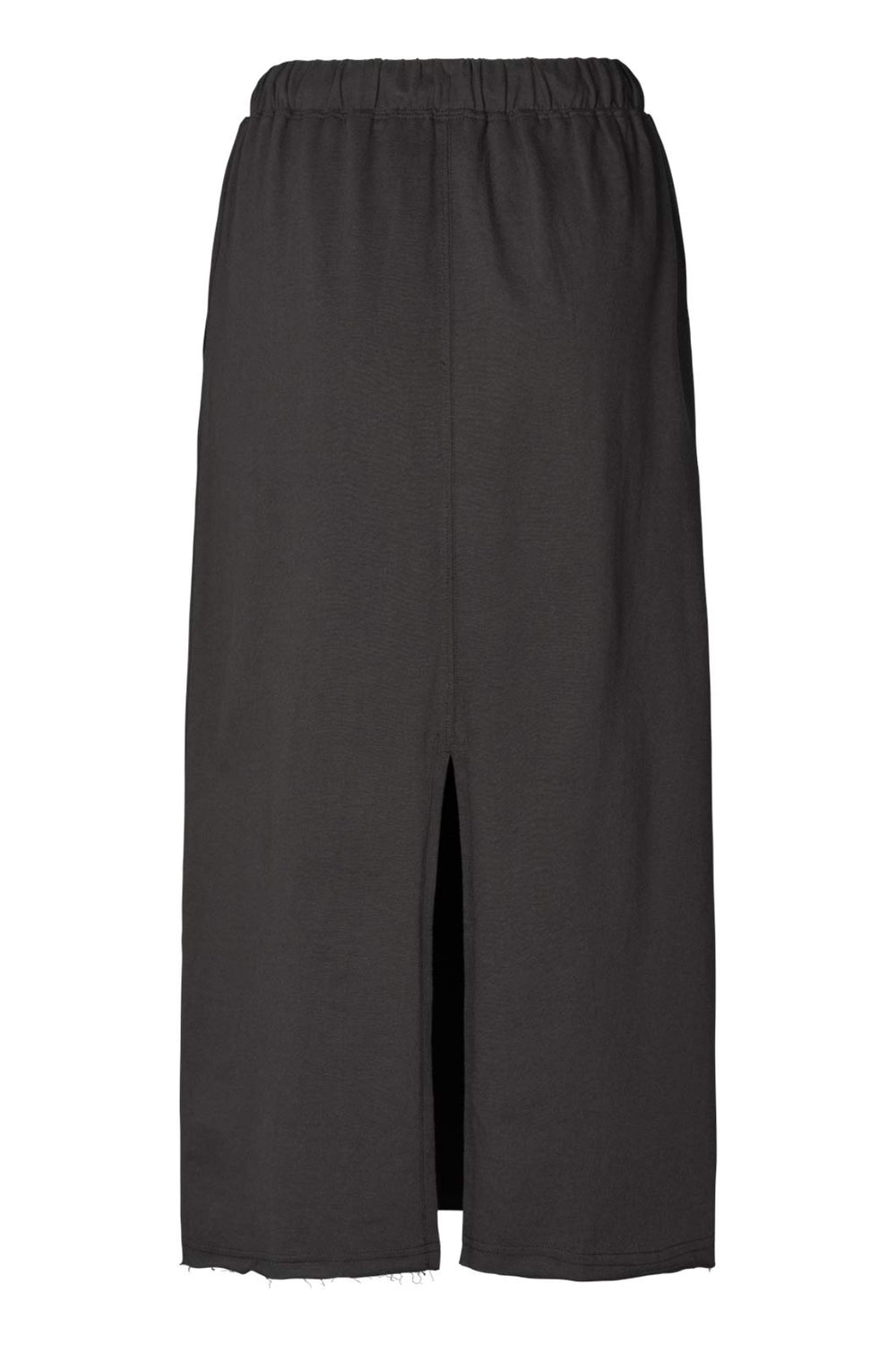 Rabens Saloner Hanni Long Skirt i faded black – lang nederdel i økologisk bomuld med elastisk talje, snøre og høj slids bagpå.