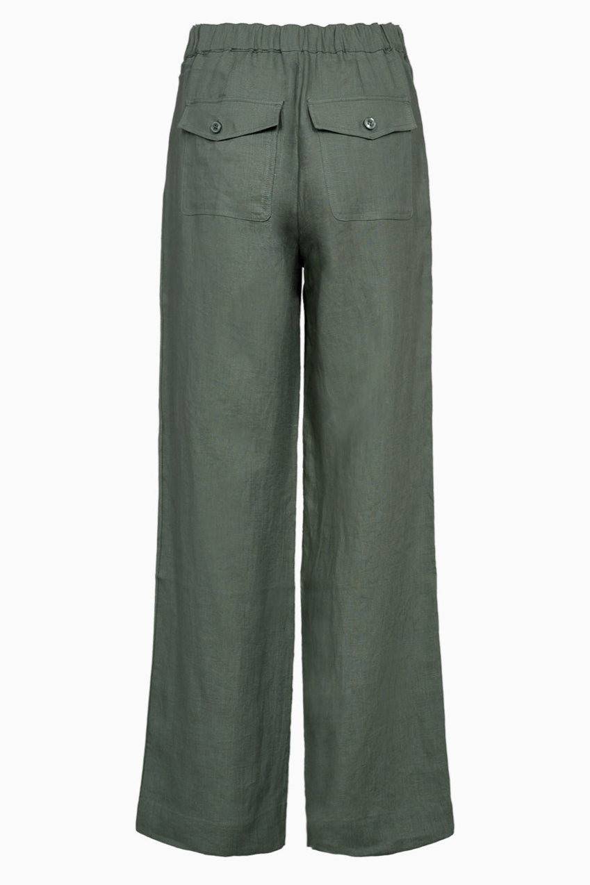 IVY Copenhagen Augusta 70's Linen Pant – højtaljede hørbukser med brede ben, forlommer og klassisk lukning. Let og stilfuld sommerfavorit. Cassandra.dk