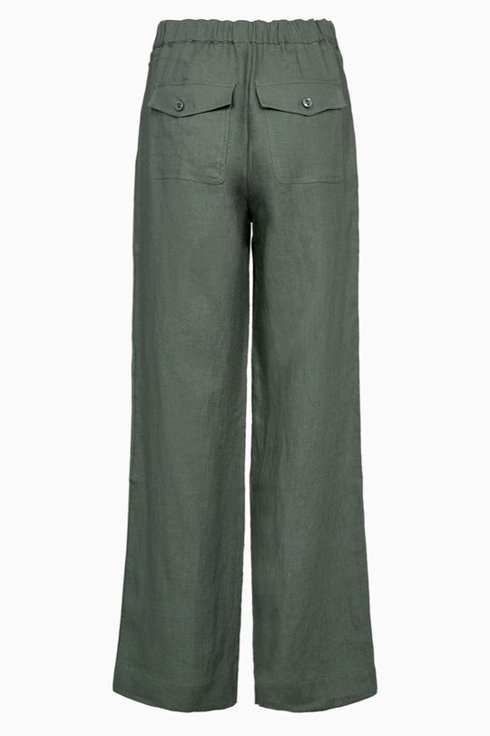 IVY Copenhagen Augusta 70's Linen Pant – højtaljede hørbukser med brede ben, forlommer og klassisk lukning. Let og stilfuld sommerfavorit. Cassandra.dk