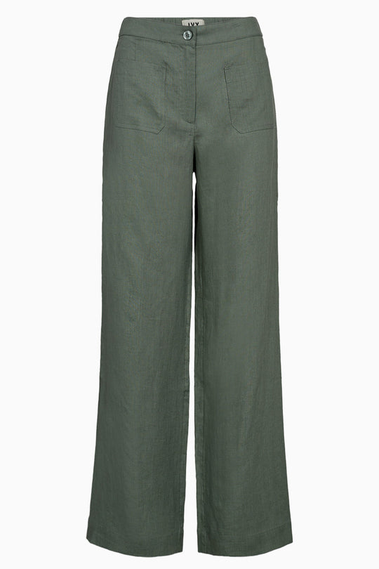 IVY Copenhagen Augusta 70's Linen Pant – højtaljede hørbukser med brede ben, forlommer og klassisk lukning. Let og stilfuld sommerfavorit. Cassandra.dk