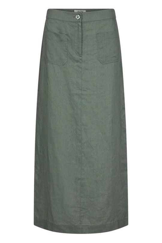 Opdag IVY Copenhagen Augusta 70's Linen Skirt i Dusty Steel Green – en åndbar, funktionel og stilfuld midi-nederdel. Tidløs og alsidig. 