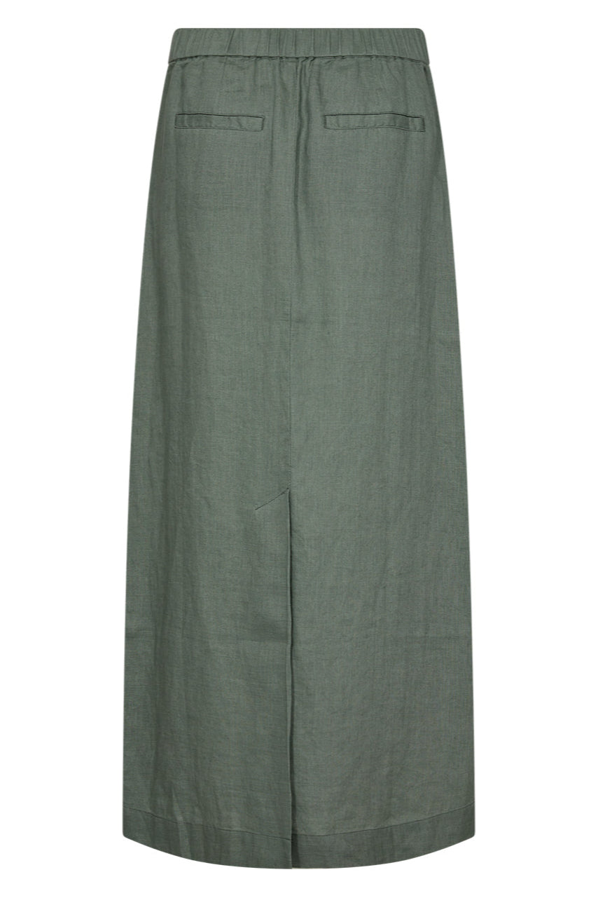 Opdag IVY Copenhagen Augusta 70's Linen Skirt i Dusty Steel Green – en åndbar, funktionel og stilfuld midi-nederdel. Tidløs og alsidig. 