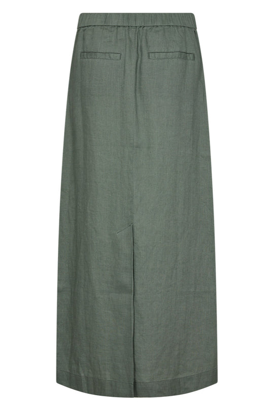 Opdag IVY Copenhagen Augusta 70's Linen Skirt i Dusty Steel Green – en åndbar, funktionel og stilfuld midi-nederdel. Tidløs og alsidig. 