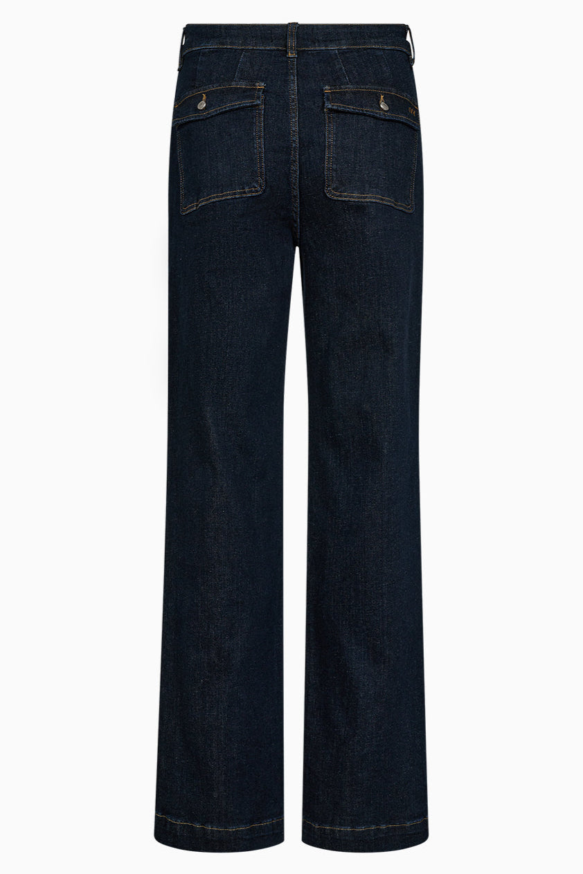 IVY Copenhagen Augusta French Wash Undone Indigo Jeans med høj talje, slim hofte og subtile vide ben. Bæredygtig stretch denim.